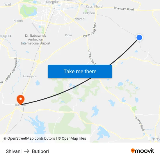 Shivani to Butibori map