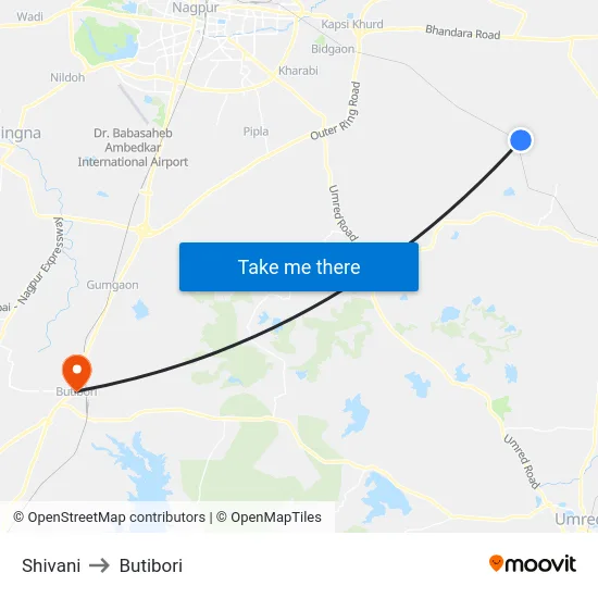 Shivani to Butibori map
