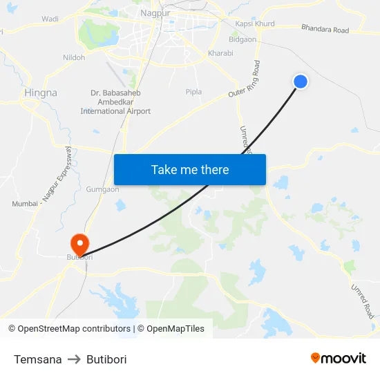 Temsana to Butibori map