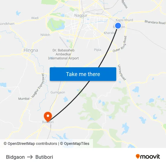 Bidgaon to Butibori map