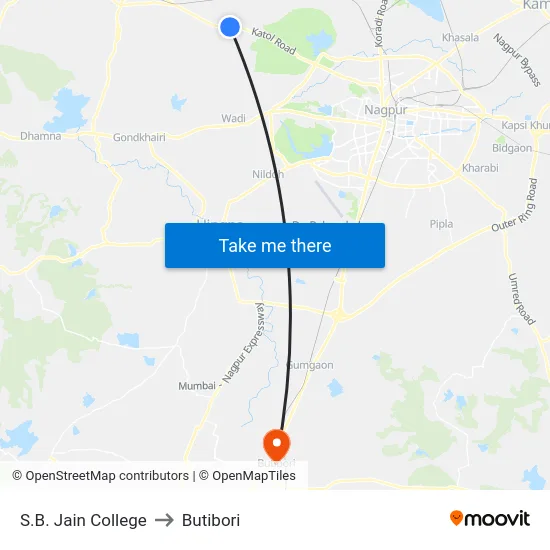 S.B. Jain College to Butibori map