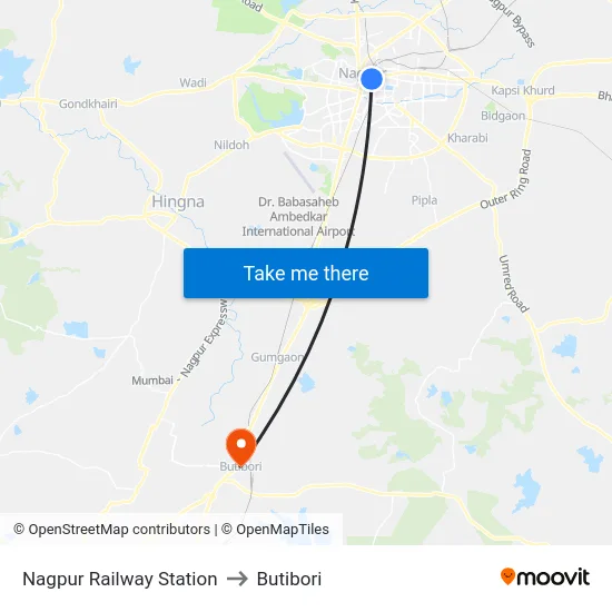 Nagpur Railway Station to Butibori map