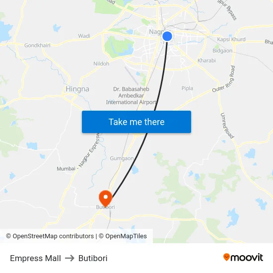 Empress Mall to Butibori map
