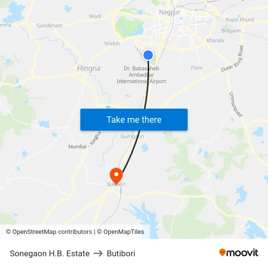 Sonegaon H.B. Estate to Butibori map