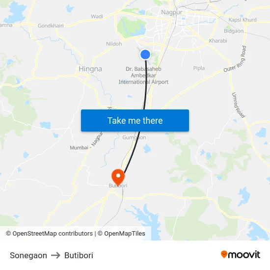 Sonegaon to Butibori map