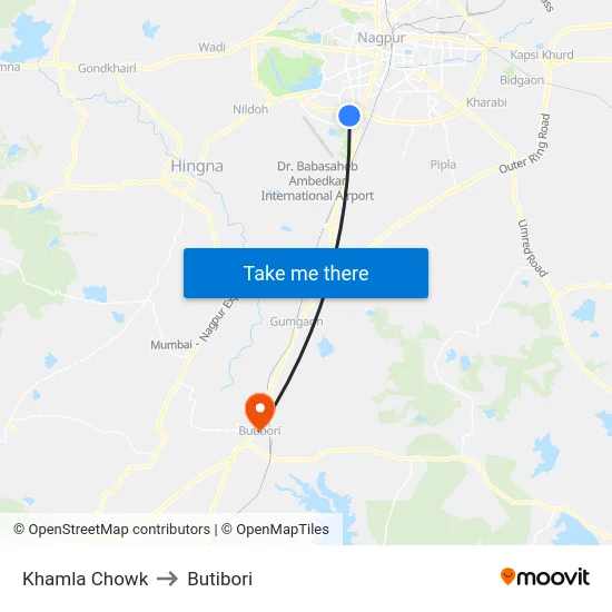 Khamla Chowk to Butibori map