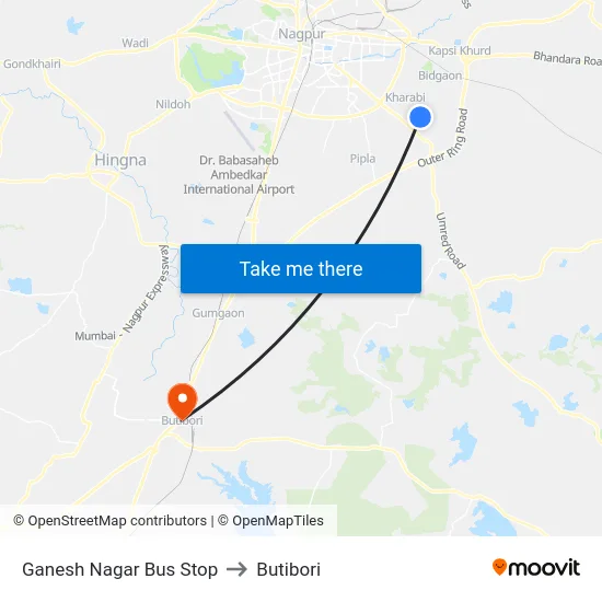 Ganesh Nagar Bus Stop to Butibori map
