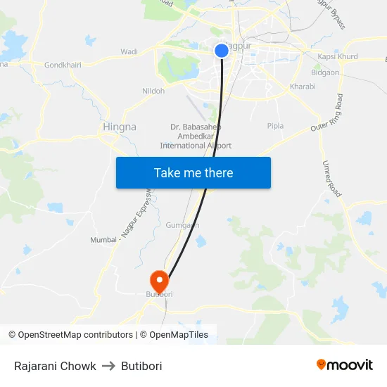 Rajarani Chowk to Butibori map
