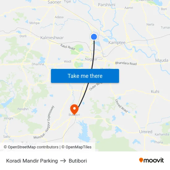 Koradi Mandir Parking to Butibori map