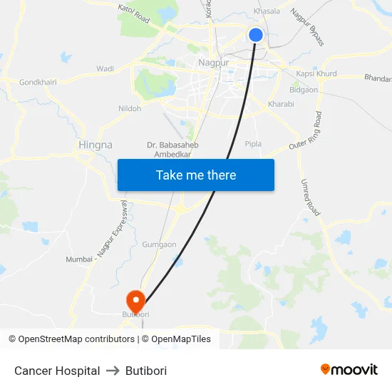 Cancer Hospital to Butibori map