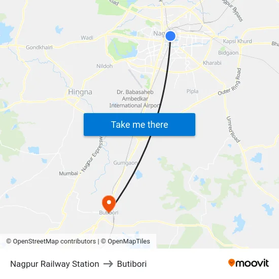 Nagpur Railway Station to Butibori map