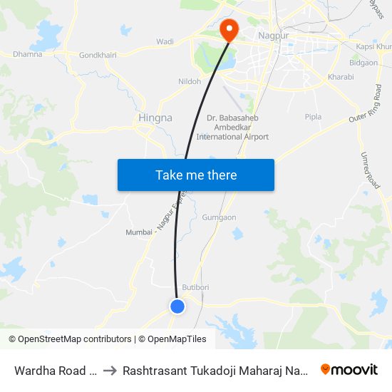 Wardha Road Chowk to Rashtrasant Tukadoji Maharaj Nagpur University map