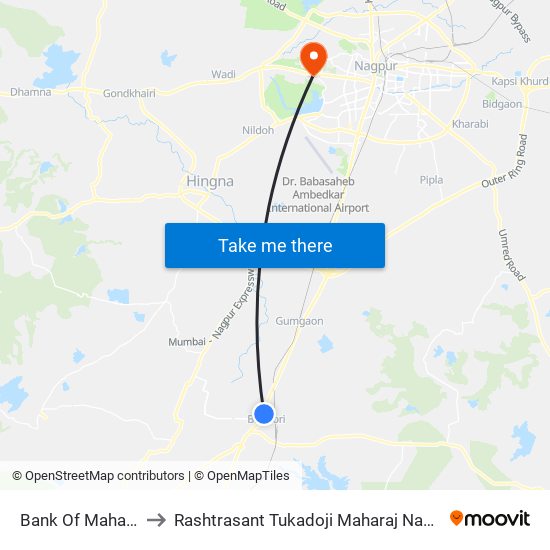 Bank Of Maharashtra to Rashtrasant Tukadoji Maharaj Nagpur University map