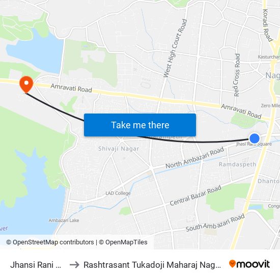 Jhansi Rani Square to Rashtrasant Tukadoji Maharaj Nagpur University map