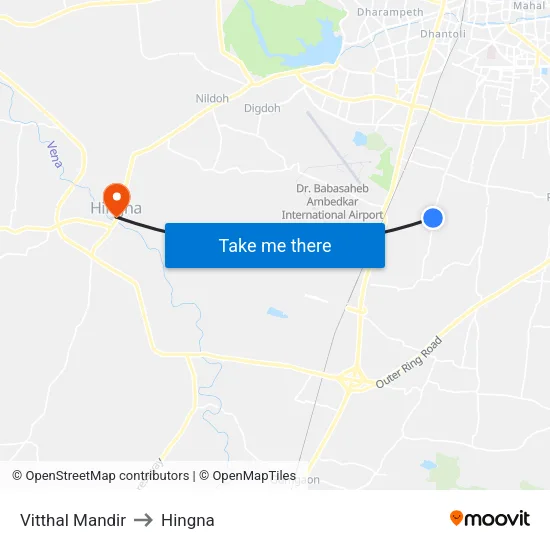 Vitthal Mandir to Hingna map