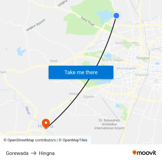 Gorewada to Hingna map