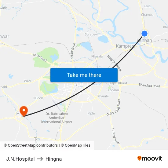 J.N.Hospital to Hingna map