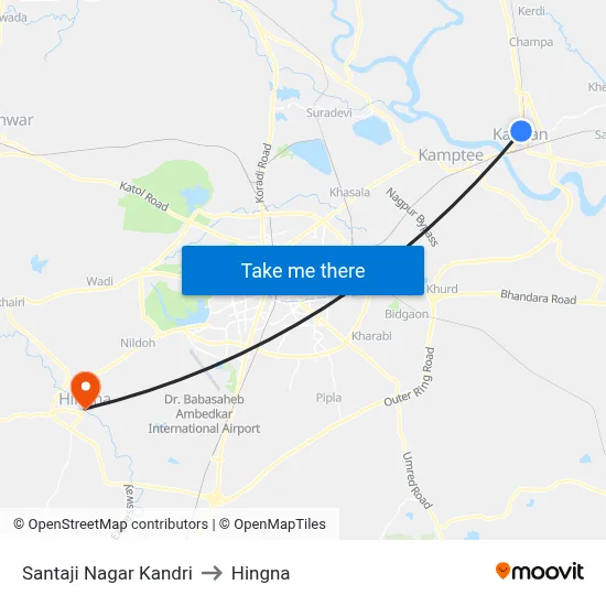 Santaji Nagar Kandri to Hingna map