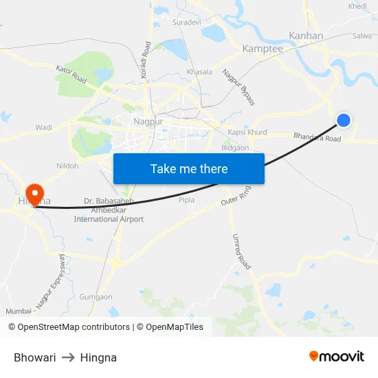 Bhowari to Hingna map