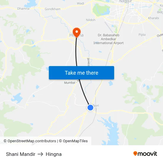 Shani Mandir to Hingna map