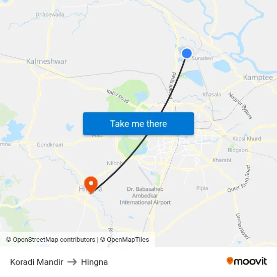 Koradi Mandir to Hingna map