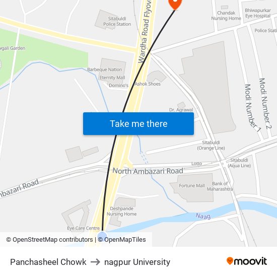 Panchasheel Chowk to nagpur University map