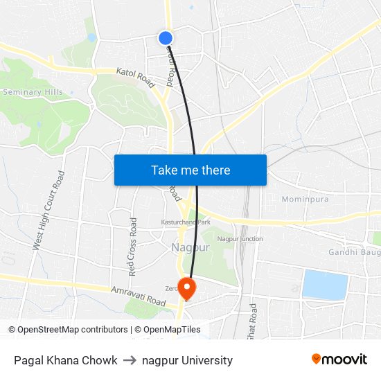 Pagal Khana Chowk to nagpur University map