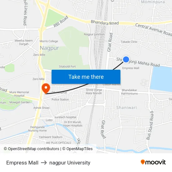 Empress Mall to nagpur University map