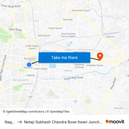 Nagpur to Netaji Subhash Chandra Bose Itwari Junction Station map