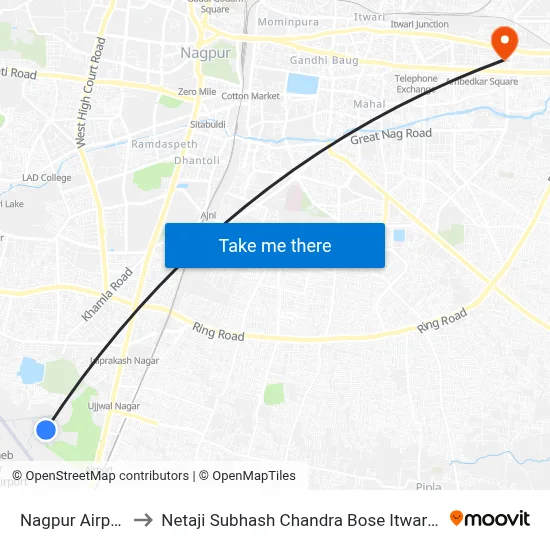 Nagpur Airport NAG to Netaji Subhash Chandra Bose Itwari Junction Station map