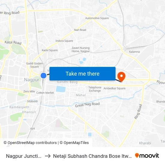 Nagpur Junction Station to Netaji Subhash Chandra Bose Itwari Junction Station map