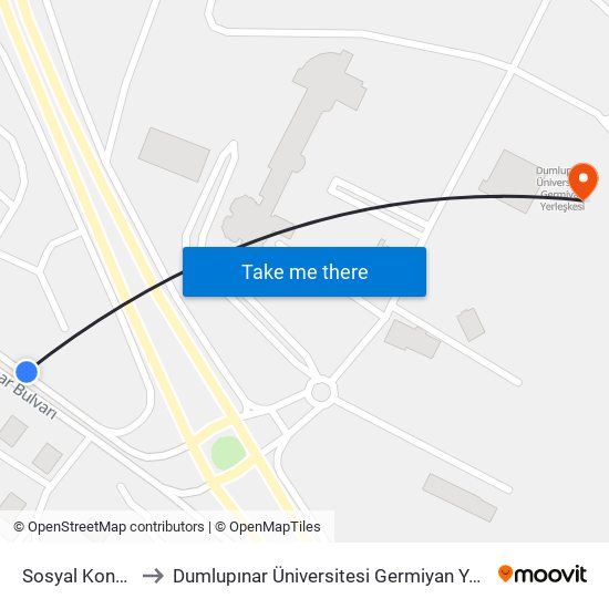 Sosyal Konutlar to Dumlupınar Üniversitesi Germiyan Yerleşkesi map