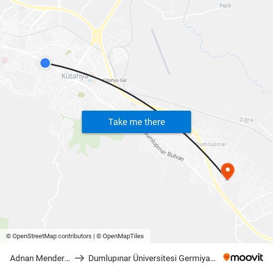 Adnan Menderes Bul to Dumlupınar Üniversitesi Germiyan Yerleşkesi map