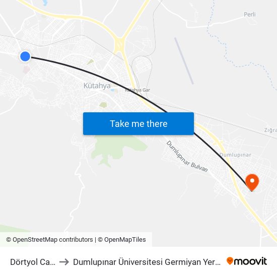 Dörtyol Camii to Dumlupınar Üniversitesi Germiyan Yerleşkesi map