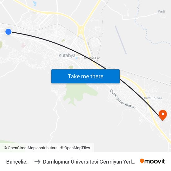 Bahçelievler to Dumlupınar Üniversitesi Germiyan Yerleşkesi map