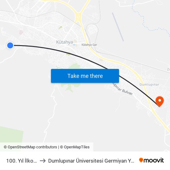 100. Yıl İlkokulu to Dumlupınar Üniversitesi Germiyan Yerleşkesi map