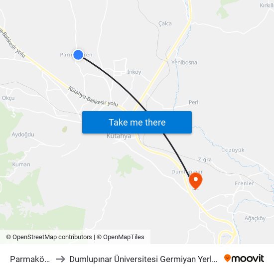 Parmakören to Dumlupınar Üniversitesi Germiyan Yerleşkesi map