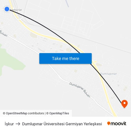 İşkur to Dumlupınar Üniversitesi Germiyan Yerleşkesi map