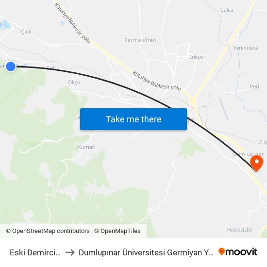 Eski Demirciören to Dumlupınar Üniversitesi Germiyan Yerleşkesi map