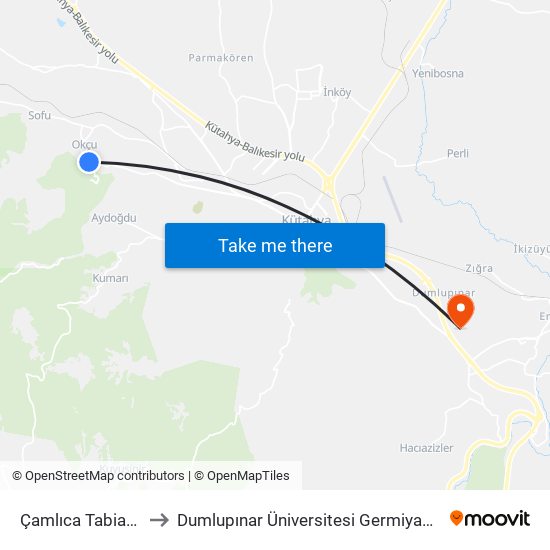 Çamlıca Tabiat Parkı to Dumlupınar Üniversitesi Germiyan Yerleşkesi map