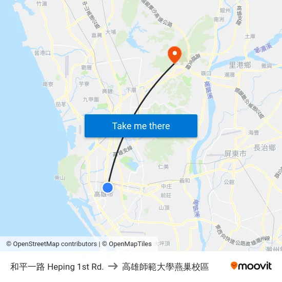 和平一路 Heping 1st Rd. to 高雄師範大學燕巢校區 map