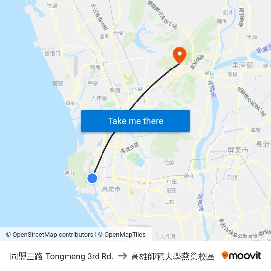 同盟三路 Tongmeng 3rd Rd. to 高雄師範大學燕巢校區 map