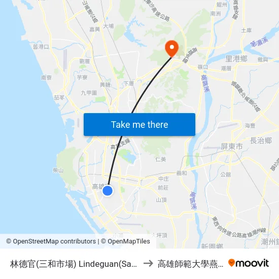 林德官(三和市場) Lindeguan(Sanhe Market) to 高雄師範大學燕巢校區 map