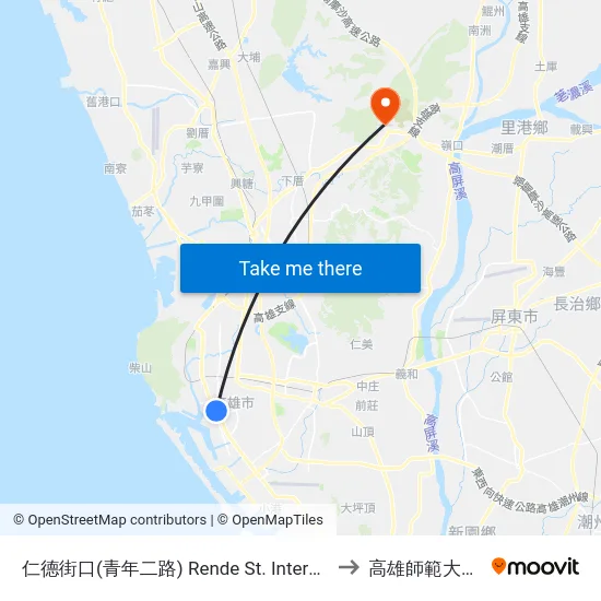 仁德街口(青年二路) Rende St. Intersection(Cingnian 2nd Rd.) to 高雄師範大學燕巢校區 map