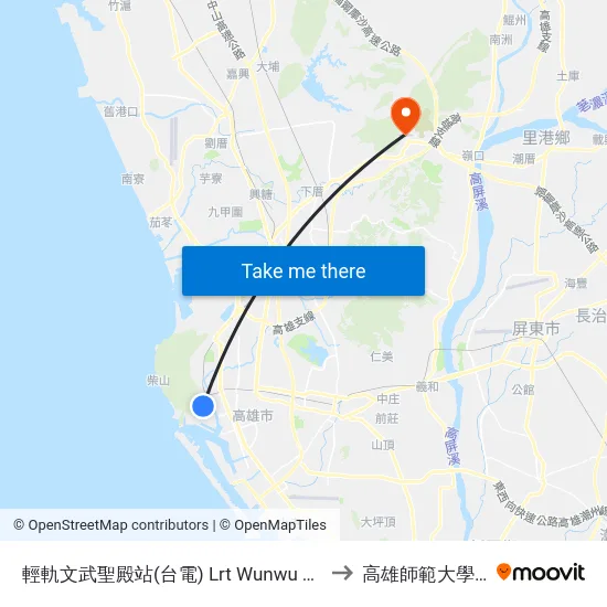 輕軌文武聖殿站(台電) Lrt Wunwu Temple Station(Tpc) to 高雄師範大學燕巢校區 map