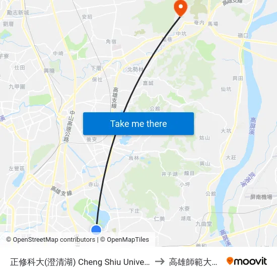 正修科大(澄清湖) Cheng Shiu University(Cheng Ching Lake) to 高雄師範大學燕巢校區 map