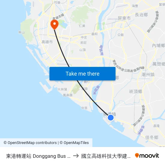 東港轉運站 Donggang Bus Station to 國立高雄科技大學建工校區 map