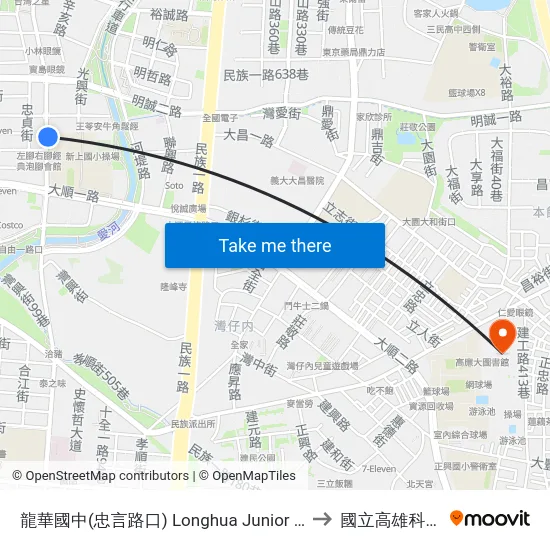 龍華國中(忠言路口) Longhua Junior High School(Jhongyan Rd. Intersection) to 國立高雄科技大學建工校區 map