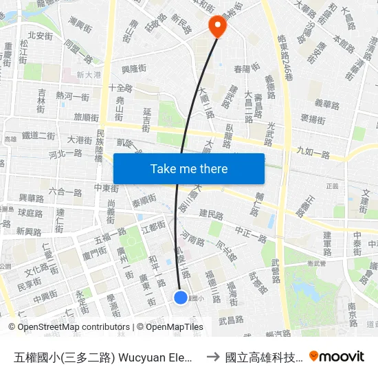 五權國小(三多二路) Wucyuan Elementry School(Sanduo 2nd Rd.) to 國立高雄科技大學建工校區 map