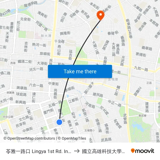 苓雅一路口 Lingya 1st Rd. Intersection to 國立高雄科技大學建工校區 map
